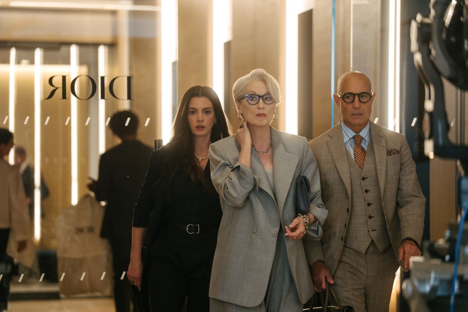 The Devil Wears Prada 2 Anne Hathaway as Andie Sachs Meryl Streep as Miranda Priestly and Stanley Tucci as Nigel Kipling.